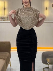 Inrosy robe longue moulante brillante paillette fendu le côté col rond sans manches femme de soirée bal de promo nouvel an