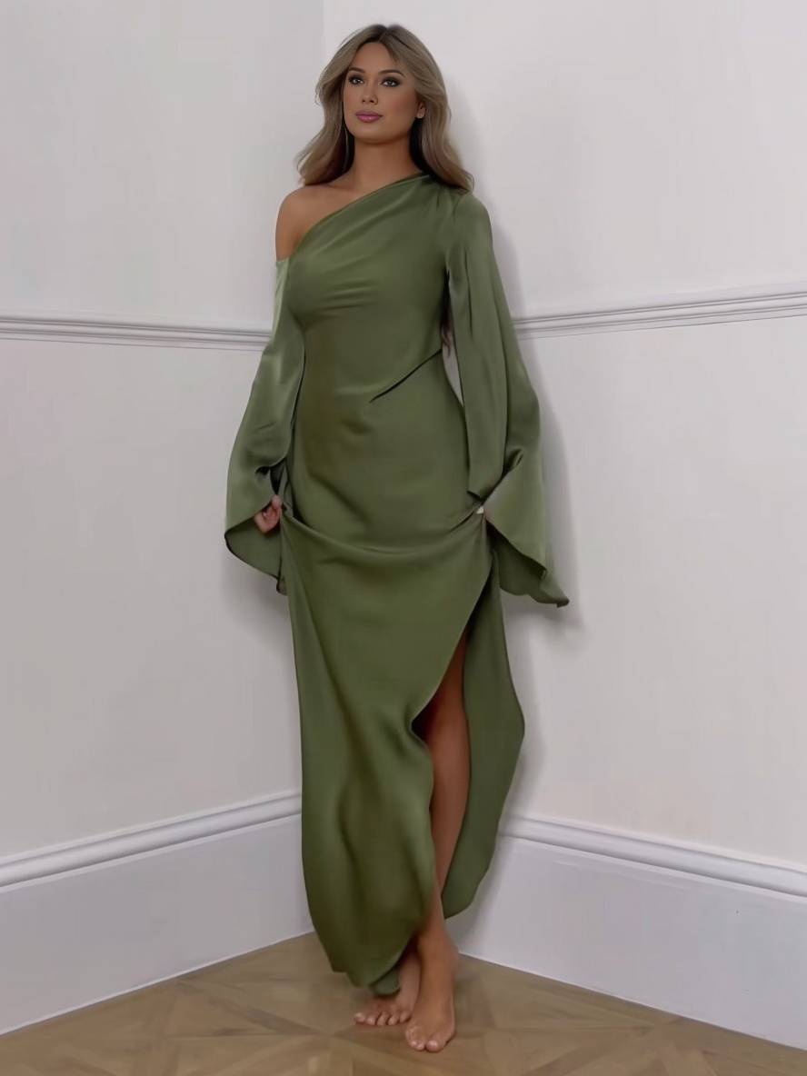 Inrosy robe longue une épaule fendu le côté manches trompette manches longues femme élégant bal de promo