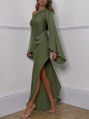 Inrosy robe longue une épaule fendu le côté manches trompette manches longues femme élégant bal de promo