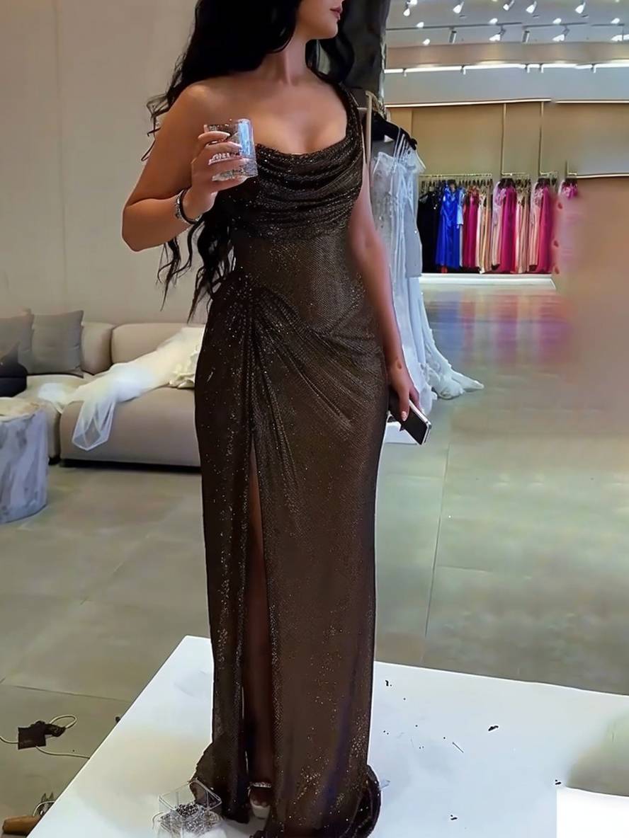 Inrosy robe longue moulante irrégulière fendu le côté sans manches femme élégant bal de promo de soirée