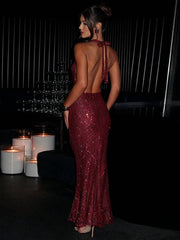 Inrosy longue robe sirene brillante paillette décolleté plongeant licou dos nu sans manches femme élégant de soirée