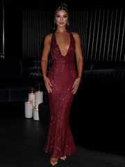 Inrosy longue robe sirene brillante paillette décolleté plongeant licou dos nu sans manches femme élégant de soirée