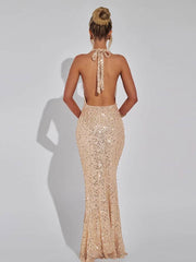Inrosy longue robe sirene brillante paillette décolleté plongeant licou dos nu sans manches femme élégant de soirée