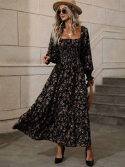 Inrosy robe longue imprimé à fleurie col carré dos nu manches longues femme bohème boho élégant décontracté de plage