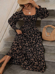Inrosy robe longue imprimé à fleurie col carré dos nu manches longues femme bohème boho élégant décontracté de plage