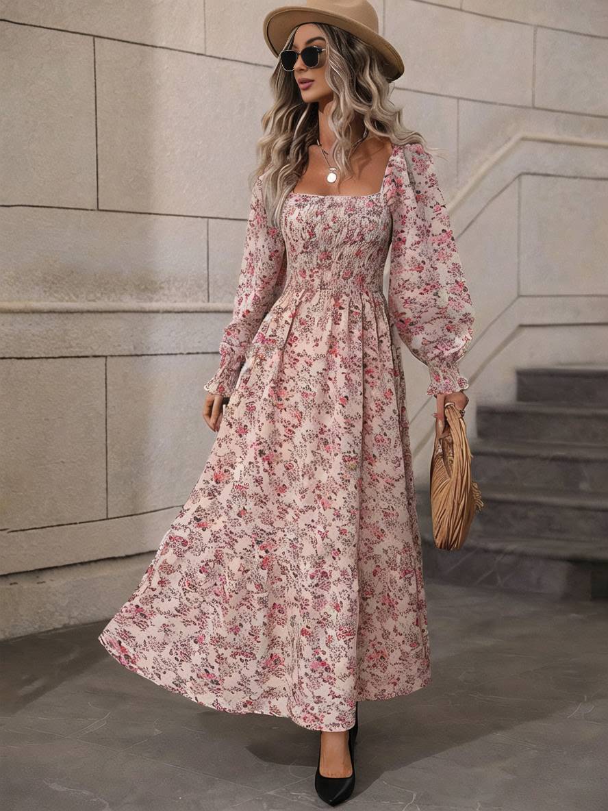 Inrosy robe longue imprimé à fleurie col carré dos nu manches longues femme bohème boho élégant décontracté de plage