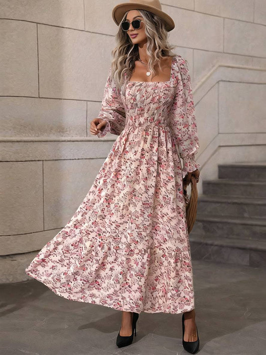 Inrosy robe longue imprimé à fleurie col carré dos nu manches longues femme bohème boho élégant décontracté de plage