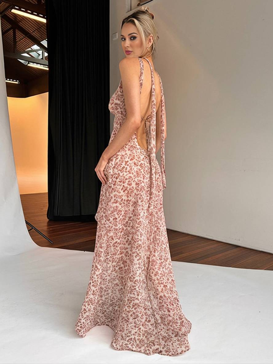 Inrosy robe longue bohème irrégulière imprimé à fleurie fendu le côté dos nu à fines brides sans manches femme décontracté de plage