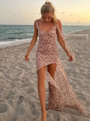 Inrosy robe longue bohème irrégulière imprimé à fleurie fendu le côté dos nu à fines brides sans manches femme décontracté de plage