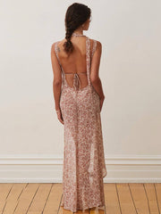 Inrosy robe longue bohème irrégulière imprimé à fleurie fendu le côté dos nu à fines brides sans manches femme décontracté de plage
