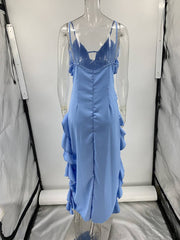 Inrosy longue robe de plage irrégulière fendu à volantée à fines brides v-cou sans manches femme élégant décontracté bal de promo