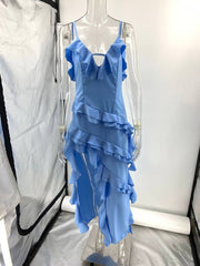 Inrosy longue robe de plage irrégulière fendu à volantée à fines brides v-cou sans manches femme élégant décontracté bal de promo