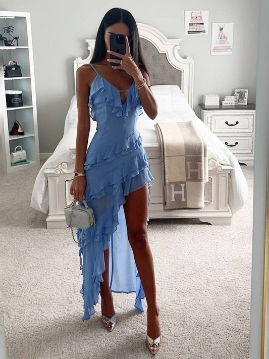 Inrosy longue robe de plage irrégulière fendu à volantée à fines brides v-cou sans manches femme élégant décontracté bal de promo