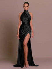 Inrosy longue robe en satin fendu le côté dos nu col montant licou sans manches femme élégant de soirée bal de promo