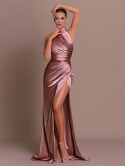 Inrosy longue robe en satin fendu le côté dos nu col montant licou sans manches femme élégant de soirée bal de promo