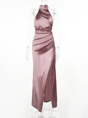 Inrosy longue robe en satin fendu le côté dos nu col montant licou sans manches femme élégant de soirée bal de promo