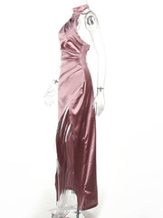 Inrosy longue robe en satin fendu le côté dos nu col montant licou sans manches femme élégant de soirée bal de promo