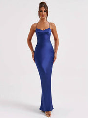 Inrosy robe longue en satin moulante v-cou sirene dos nu à fines brides sans manches femme élégant invité mariage de soirée