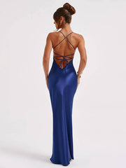 Inrosy robe longue en satin moulante v-cou sirene dos nu à fines brides sans manches femme élégant invité mariage de soirée