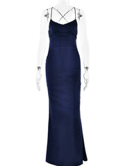 Inrosy robe longue en satin moulante v-cou sirene dos nu à fines brides sans manches femme élégant invité mariage de soirée