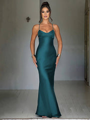 Inrosy robe longue en satin moulante v-cou sirene dos nu à fines brides sans manches femme élégant invité mariage de soirée