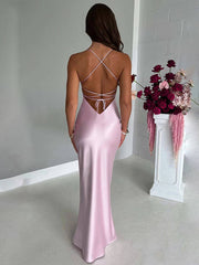 Inrosy robe longue en satin moulante v-cou sirene dos nu à fines brides sans manches femme élégant invité mariage de soirée