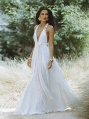 Inrosy robe longue décolleté plongeant licou dos nu ceinture sans manches femme bohème élégant décontracté de plage
