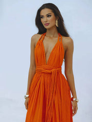 Inrosy robe longue décolleté plongeant licou dos nu ceinture sans manches femme bohème élégant décontracté de plage