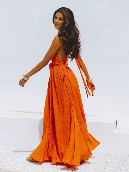 Inrosy robe longue décolleté plongeant licou dos nu ceinture sans manches femme bohème élégant décontracté de plage