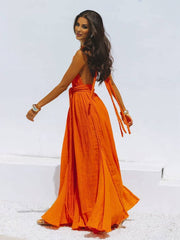Inrosy robe longue décolleté plongeant licou dos nu ceinture sans manches femme bohème élégant décontracté de plage
