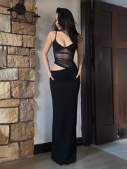 Inrosy robe longue moulante transparent tulle v-cou fendu à fines brides sans manches femme décontracté casual