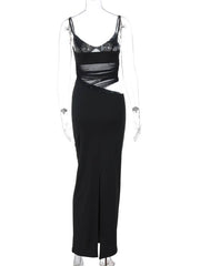 Inrosy robe longue moulante transparent tulle v-cou fendu à fines brides sans manches femme décontracté casual