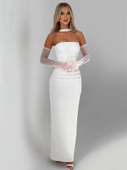 Inrosy robe longue moulante tulle bustier avec 2 pièces gants femme élégant vintage de soirée pour mariage