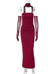 Inrosy robe longue moulante tulle bustier avec 2 pièces gants femme élégant vintage de soirée pour mariage