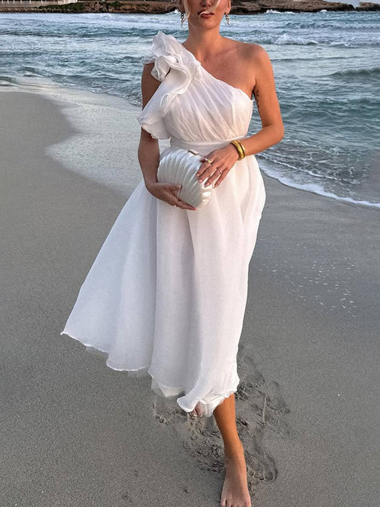 Inrosy robe longue une épaule fluide à volantée dos nu sans manches femme élégant décontracté de plage