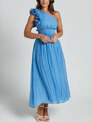 Inrosy robe longue une épaule fluide à volantée dos nu sans manches femme élégant décontracté de plage