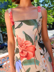 Inrosy robe longue imprimé à fleurie bretelle col carré sans manches femme élégant décontracté vintage de soirée de plage