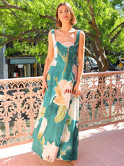 Inrosy robe longue imprimé à fleurie bretelle col carré sans manches femme élégant décontracté vintage de soirée de plage