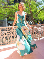 Inrosy robe longue imprimé à fleurie bretelle col carré sans manches femme élégant décontracté vintage de soirée de plage