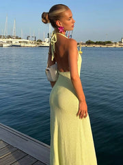 Inrosy robe longue moulante fendu le côté dos nu v-cou licou sans manches femme casual décontracté de plage