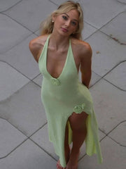 Inrosy robe longue moulante fendu le côté dos nu v-cou licou sans manches femme casual décontracté de plage