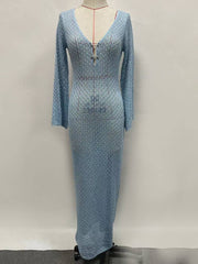 Inrosy longue robe en tricot en crochet col en v manches évasées manches longues femme décontracté pour les vacances et la plage