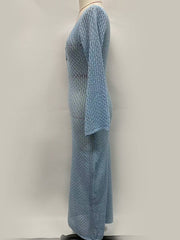 Inrosy longue robe en tricot en crochet col en v manches évasées manches longues femme décontracté pour les vacances et la plage