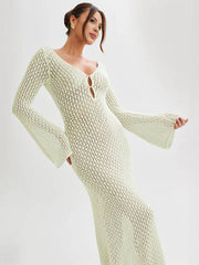 Inrosy longue robe en tricot en crochet col en v manches évasées manches longues femme décontracté pour les vacances et la plage