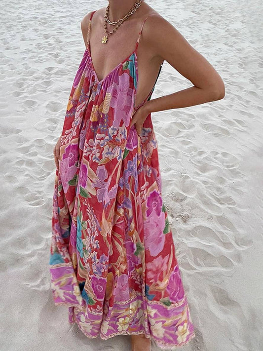 Inrosy robe longue imprimé à fleurie à fines brides sans manches femme élégant décontracté lâche ample hawaienne de plage