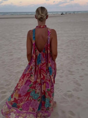 Inrosy robe longue imprimé à fleurie à fines brides sans manches femme élégant décontracté lâche ample hawaienne de plage