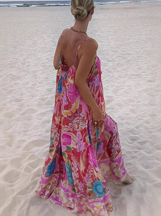 Inrosy robe longue imprimé à fleurie à fines brides sans manches femme élégant décontracté lâche ample hawaienne de plage