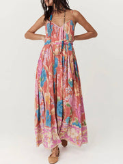 Inrosy robe longue imprimé à fleurie à fines brides sans manches femme élégant décontracté lâche ample hawaienne de plage