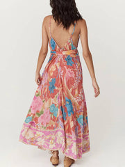 Inrosy robe longue imprimé à fleurie à fines brides sans manches femme élégant décontracté lâche ample hawaienne de plage