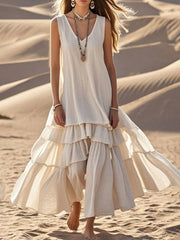 Inrosy robe longue coton lin v-cou à volantée sans manches femme élégant bohème ample oversized décontracté de plage
